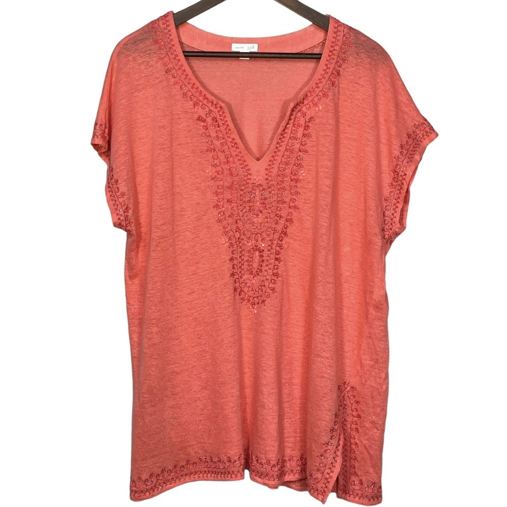 J. Jill Love Linen Top Womens Large Coral Beaded V-Neck Short Sleeve Good